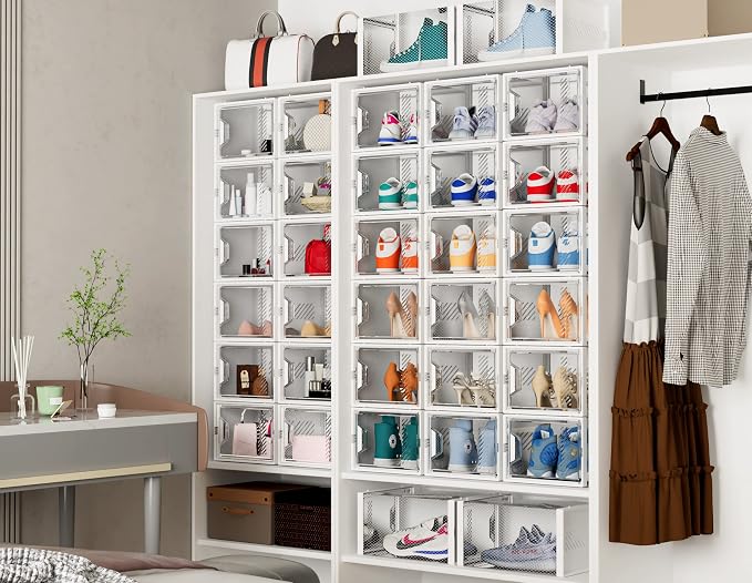 SIMPDIY XL Clear Shoe Storage Boxes, Stackable Shoe Organizer for Closet | 12 Pack, for Size 13, Magnetic Door, Aromatherapy Stick, Plastic, Shoe Rack for Closet, Entryways, Under-bed Storage - Image 9