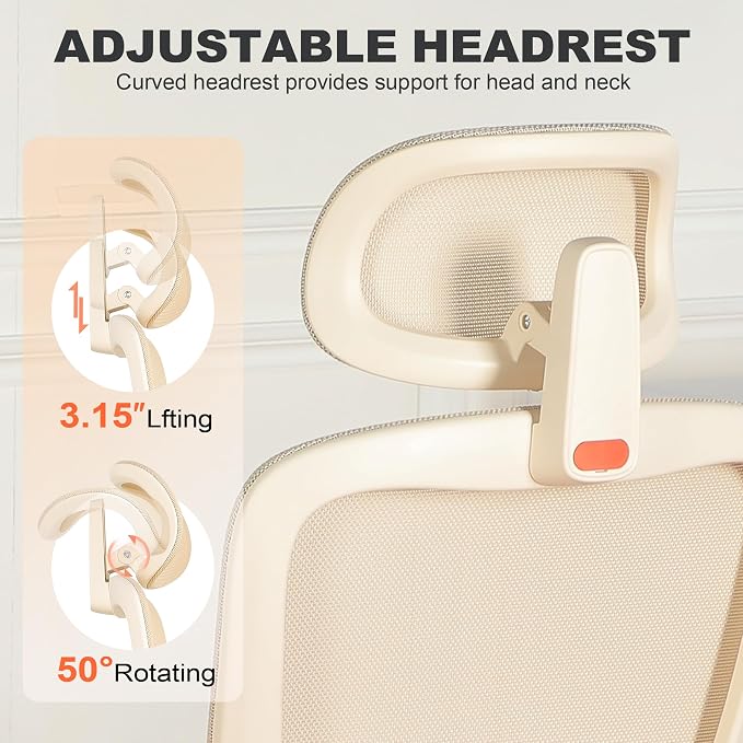 Ergonomic Office Chair with Footrest, Mesh Desk Chair with Adjustable Headrest & Armrests & Dynamic Floating Wing Lumbar Support, High Back Computer Chair for Home Office, BIFMA Certified, Beige - Image 5