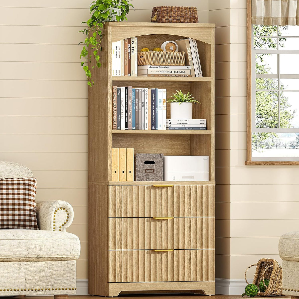 63.3" Tall Bookshelf, Bookshelves and Bookcases with Drawers, Arched Design Bookcase with Storage Cabinet, Natural Wood Grain Wave Pattern Storage Shelves for Living Room, Bedroom,Office - Image 4