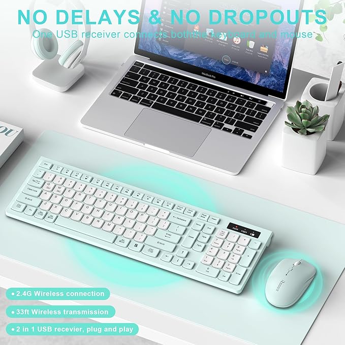 Wireless Keyboard and Mouse Combo Silent for Office and Home(Mint Green-B) | 2.4G Full Size Silent Cordless Keyboard with Tilt Legs,3-Level DPI Quiet Mouse,for Windows/Mac OS/Desktop/Laptop/PC - Image 2