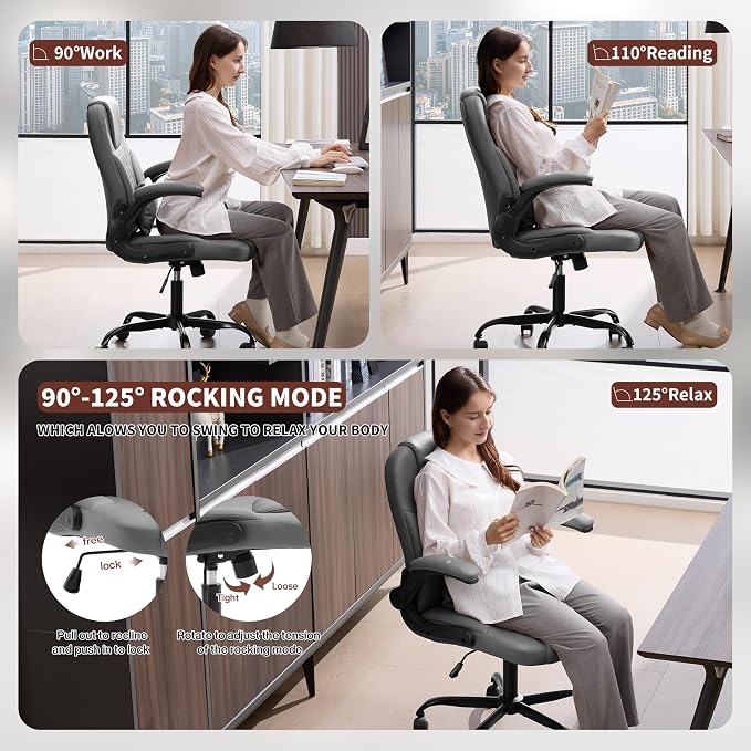 PU Leather Office Chair Swivel Lumbar Support for Short People Grey | Executive Office Chair PU,Leather Office Chair with Wheels,360° Swivel Rolling Chair with Padded Arm,Ergonomic Computer Chair - Image 4