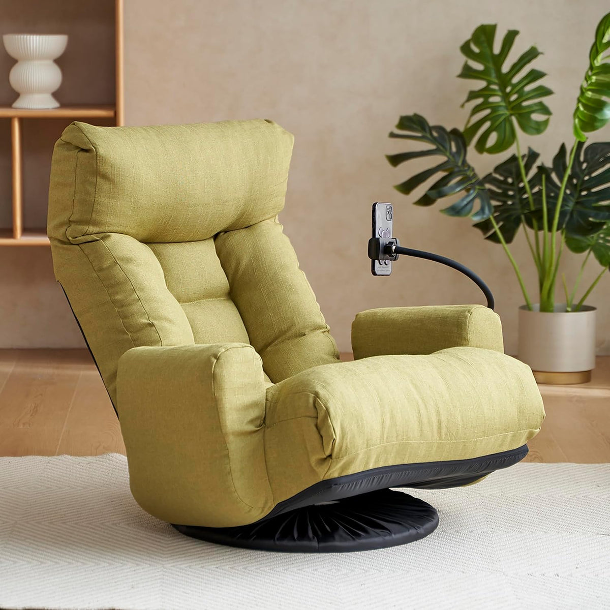 360° Swivel Floor Gaming Chair Linen Folding Chaise Lounge Chair Adjustable Comfy Sofa Chair with Armrests, Phone Holder & Padded Cushion, Ideal for Living Room, Bedroom (Green) by GOAWGO