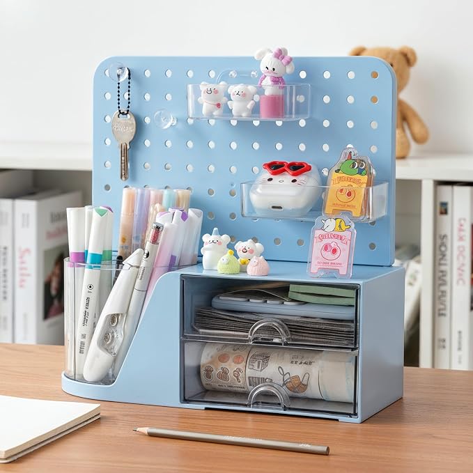 Comix Desk Organizer with 2 Drawer, Blue 360° Rotating Pen Holder for Desk | Desk Organizers and Accessories with 5 Slots Pencil Holder+Pegboard+Drawer, Pen Organizer for Home School Art Office Supplies - Image 5