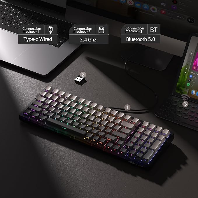 MageGee LIGHT100 Wireless Creamy Keyboard, Gasket Structure Hot Swappable, 2.4G/USB-C/BT5.0 RGB Backlit Mechanical Gaming Keyboard for Win/Mac/PC, 8000mAh Battery, Side Printed PBT Keycap, Black - Image 2