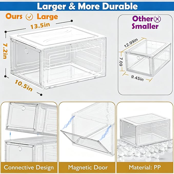 Sturdy Clear Shoe Organizer with Magnetic Door, Stackable Shoe Storage Box | Thick Plastic Shoe Storage for Sneakers & Boots, Collapsible Closet Shoe Rack and Clear Shoe Box, 6 Pack White - Image 7