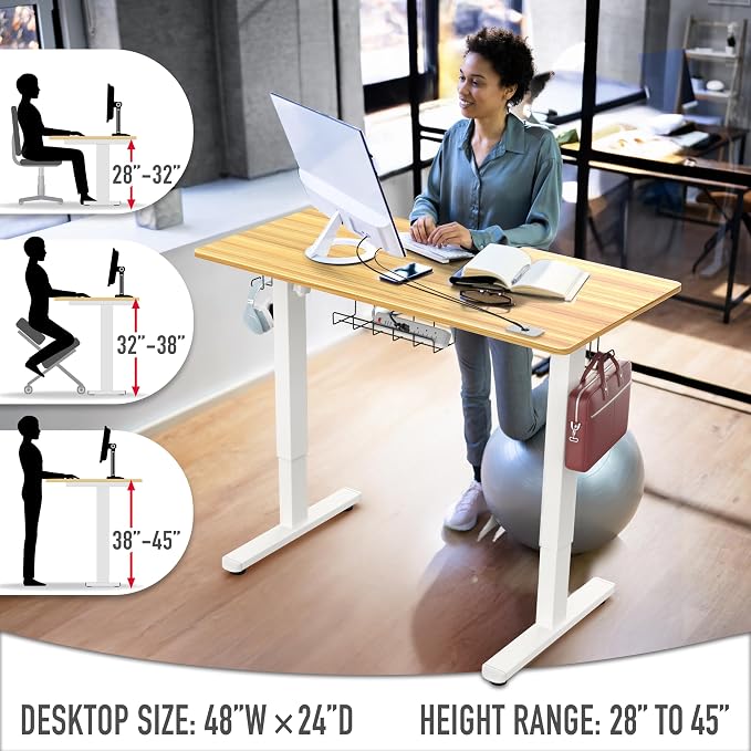 SHW 48-Inch Electric Height Adjustable Standing Desk w/Drawer, Oak | w/ Memory Presets and Cable Management | Drawer with adjustable compartments | Hanging Hooks - Image 6