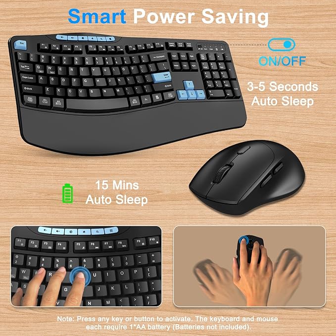Wireless Keyboard and Mouse Combo, 2.4G Ergonomic Wave Keys(Blue Black) | Full Size Keyboard with 6 Multimedia Keys, Ergonomic Keyboard with Wrist Rest, 3-Level DPI Silent Mouse for Windows/Laptop/PC - Image 5
