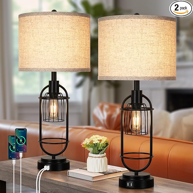 29'' Tall Table Lamps for Living Room Set of 2, 2-Light Farmhouse Bedside Lamps with USB Ports, Rustic Nightstand Lamps with Beige Lampshade, Black Industrial Desk Lamps for Bedroom End Table Reading by TOBUSA