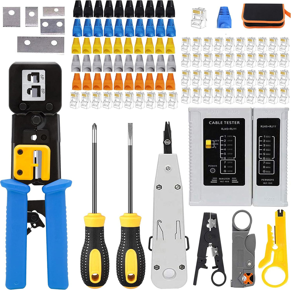 LEATBUY CAT5 Crimper Tool Kit for RJ45/RJ11/RJ12/CAT6/Cat5e, Professional Network Crimper Wire Connector Stripper Cutter, Computer Maintenance Lan Cable Pliers Tester Repair Set(BLUE) by LEATBUY-TECH