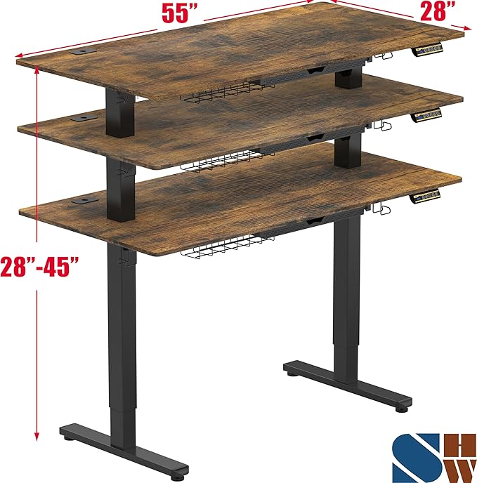 SHW 55 x 28 Electric Height Adjustable Standing Desk w/Drawer,Rustic Brown | w/ Memory Presets and Cable Management | Drawer with adjustable compartments | Hanging Hooks - Image 3