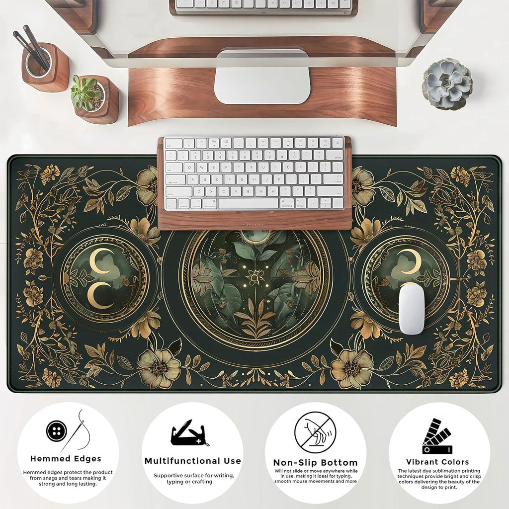 Celestial Art Nouveau Botanical Desk Mat Gold Moon Large Mouse Pad Emerald Vintage Big Gaming Mousepad 31.5''X15.7'' Plant Aesthetic Desk Pad XXL Extended Keyboard Mouse Mat Office Decor - Image 7