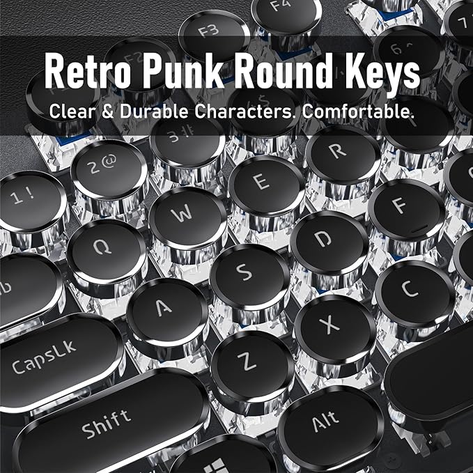 SEUNKWANG Typewriter Style Mechanical Gaming Keyboard with White Backlit, Wired Retro Punk Computer Keyboard Durable Metal Panel, Clicky Blue Switch, Round Keycaps, Full-size for PC/Desktop/Win, Black - Image 5