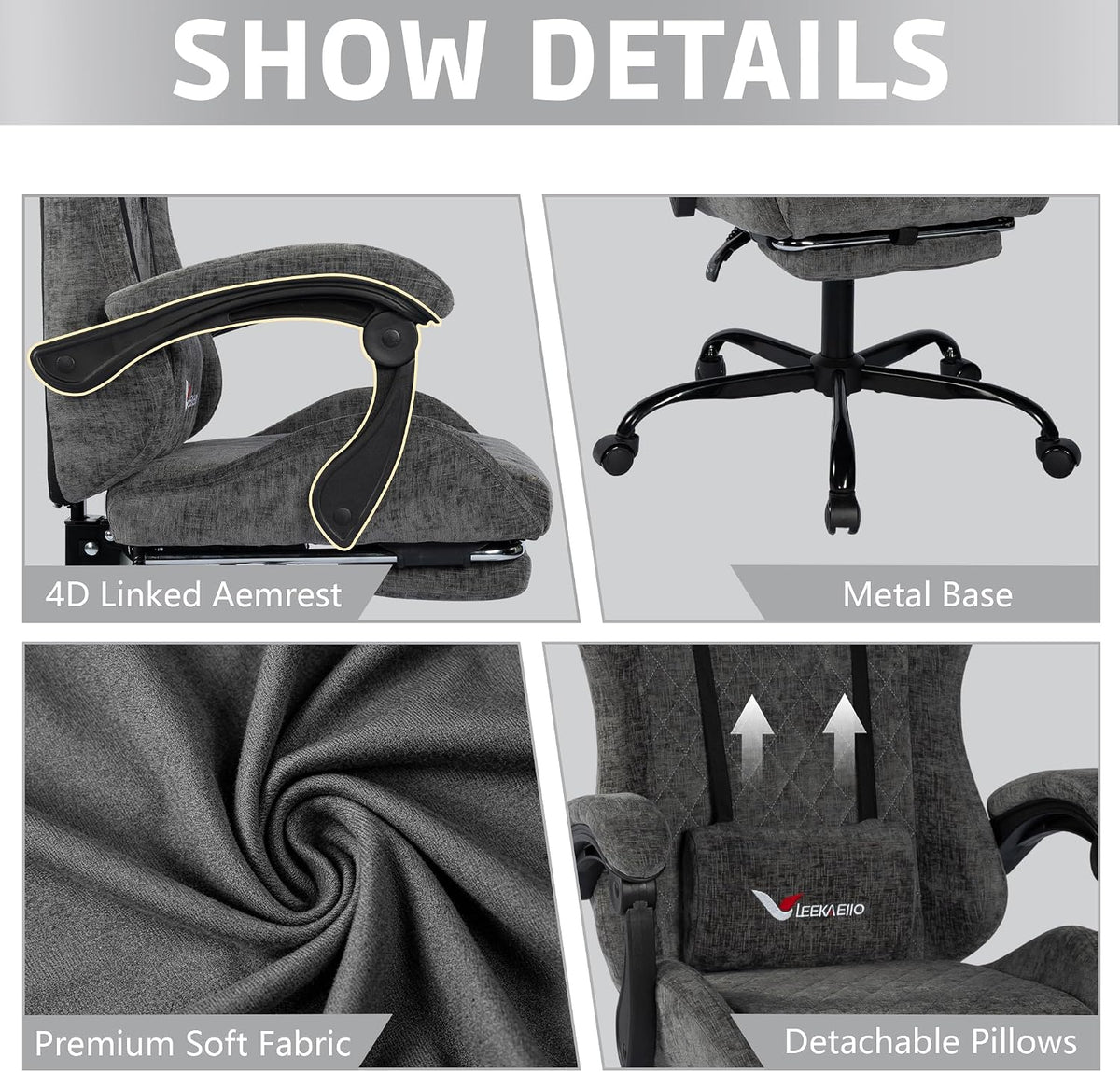 Fabric Gaming Chair for Adults, Ergonomic Computer Office Desk Chair with Footrest,Pocket Spring Cushion, Reclining High Back Silla Gamer for Home Office, Grey - Image 6