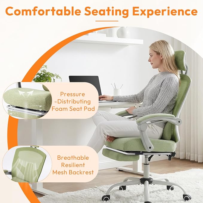 Home Office Desk Chair, Comfortable Mesh Chair with Foot Rest, Green | Reclining Gaming Chair with Headrest and Lumbar Support, 90°-130° Reclining, Silent Swivel - Image 8