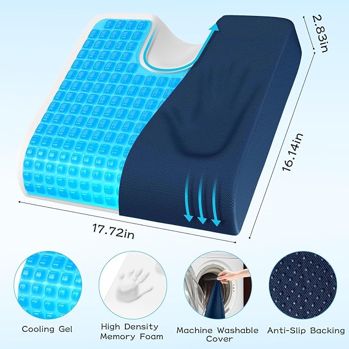 TranquilMoments Seat Cushion, Gel Wheelchair Seat Cushion, Blue | Wheelchair Seat Cushion Cooling Gel Memory Foam, Tailbone Pain Relief & Non - Slip Bottom Chair Cushion - Image 3