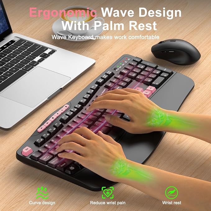 Wireless Keyboard and Mouse Combo, 2.4G Ergonomic Wave Keys(Pink-B) | Full Size Keyboard with 6 Multimedia Keys, Ergonomic Keyboard with Wrist Rest, 3-Level DPI Silent Mouse for Windows/Laptop/PC - Image 2