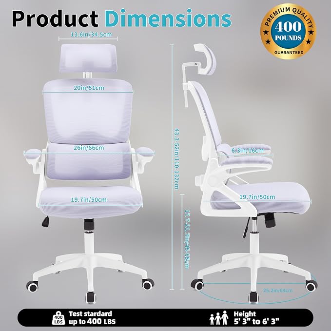 Ergonomic Office Chair,Mesh Office Chair with Lumbar Support,High Back Desk Chair with Flip-up Arms,400 lbs Big and Tall Computer Chair with Headrest,Comfy Desk Chairs (Lavender) - Image 2