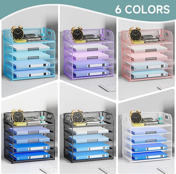 Paper Organizer Letter Tray with Handle Mesh 5-Tier | Stackable Desk Organizer for Files/Paper/Office Supplies, Sturdy Carbon Steel Desk Organizer for Home Office & Classroom - Image 6