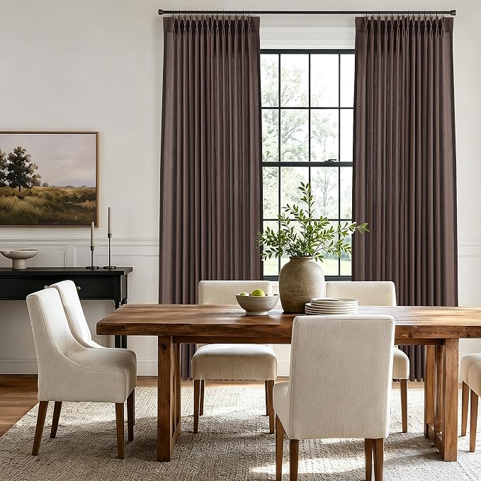 Hokibero Coffee Pinch Pleated Linen Curtains 84 Inch Long for Living Room | Brown Light Filtering Sheer Curtain,Pinch Pleat Back Tab Hooks Rings,Boho Textured Privacy Drapes for Bedroom Window,2 Panels - Image 3