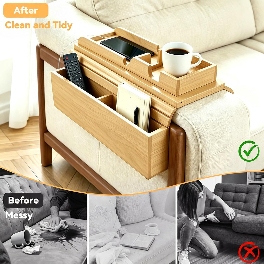 Couch Arm Tray,Foldable Sofa Caddy with Cup Holder,Natural - Image 4