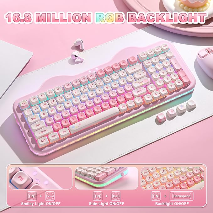 YUNZII C98 Cute Cake Wireless Mechanical Keyboard(Pink, Candy Switch) | 99 Keys with Number Pad, Hot Swap, PBT MOA Keycaps, BT5.0/2.4G/USB-C, Gasket Mount, Custom RGB Backlit for Win/Mac - Image 7