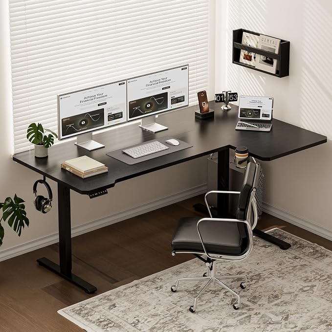 L Shaped Electric Standing Desk - 71x43.5 Inch Reversible Corner Sit Stand Desk with Hook&Cup Holder,Electric Height Adjustable Table,for Home Office Gaming&Trading Computer Desk, Black - Image 2