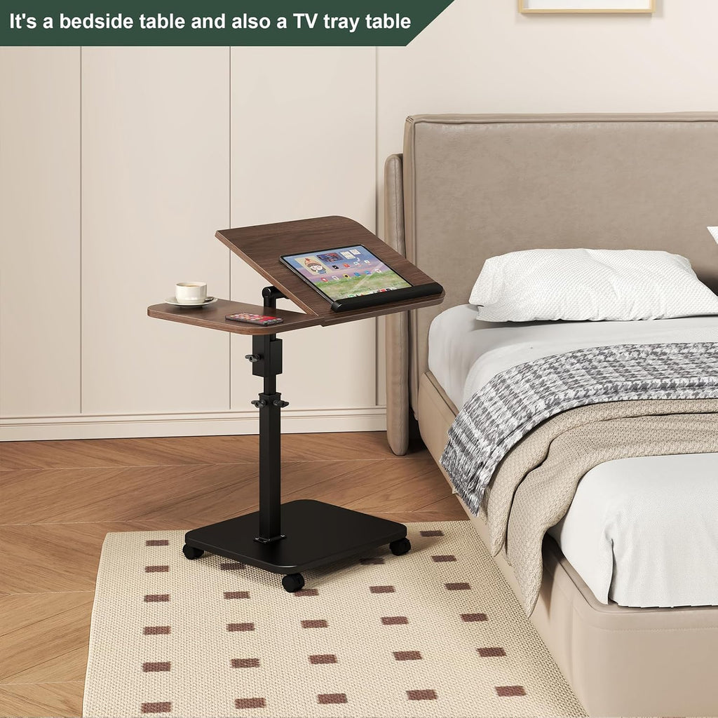 Adjustable Height C Shaped End Table with Wheels,360°Swivel Side Table, Top Tilting Laptop Stand TV Table for Sofa/Bed, Couch Tables that Slide under, Rolling Coffee Table for Living Room (walnut) - Image 5