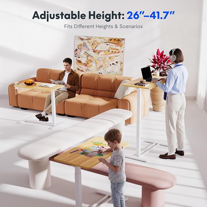 FLEXISPOT H7 32" Pneumatic Height-Adjustable Overbed Table with Wheels | C-shaped bedside table,Medical End Table,Rolling Cart TV Tray,Laptop desk for Hospital Home office use,31.5"Wx17.7"D,Maple - Image 3