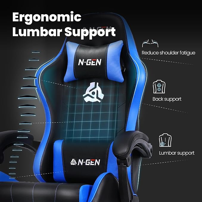 N-GEN GAMING Gaming Chair with Footrest, Lumbar Support, High-Back, Blue | Reclining Backrest, Linkage Armrests, Durable PU Leather, Adjustable Comfort for Extended Computer, Desk, or Home Office Use - Image 4