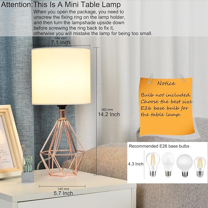 Rose Gold Bedside Table Lamp,Modern Small Desk Lamp with TC Fabric Shade Geometric Metal Base for Kids Living Room Bedroom Nightstand - Image 3