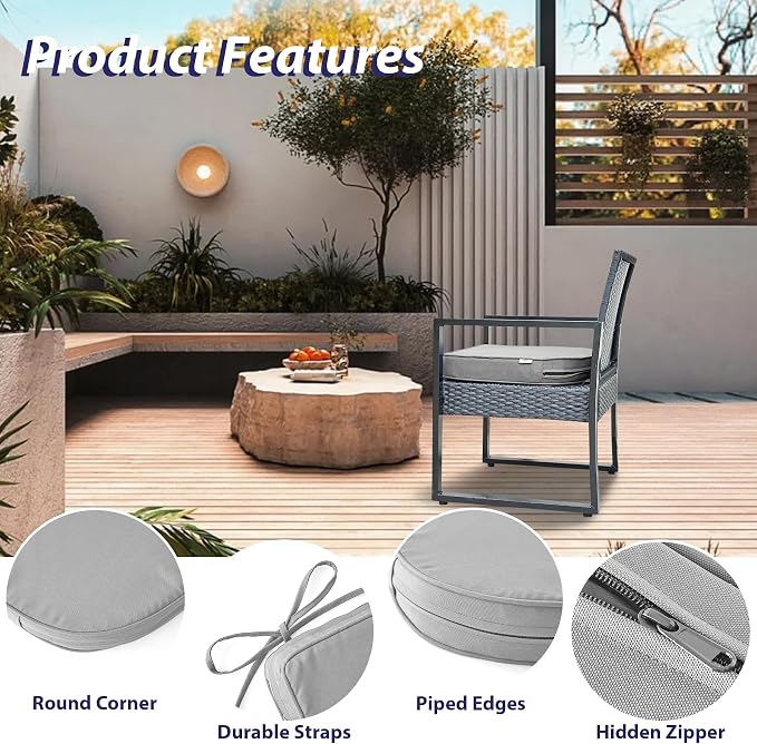 IPYNBAP Outdoor Chair Cushions Set of 4 -Waterproof Outdoor Seat Cushions for Patio Furniture, Patio Chair Cushion with Handle and Ties, Out Door Chair Pads,17x16x2-Round, Grey - Image 5