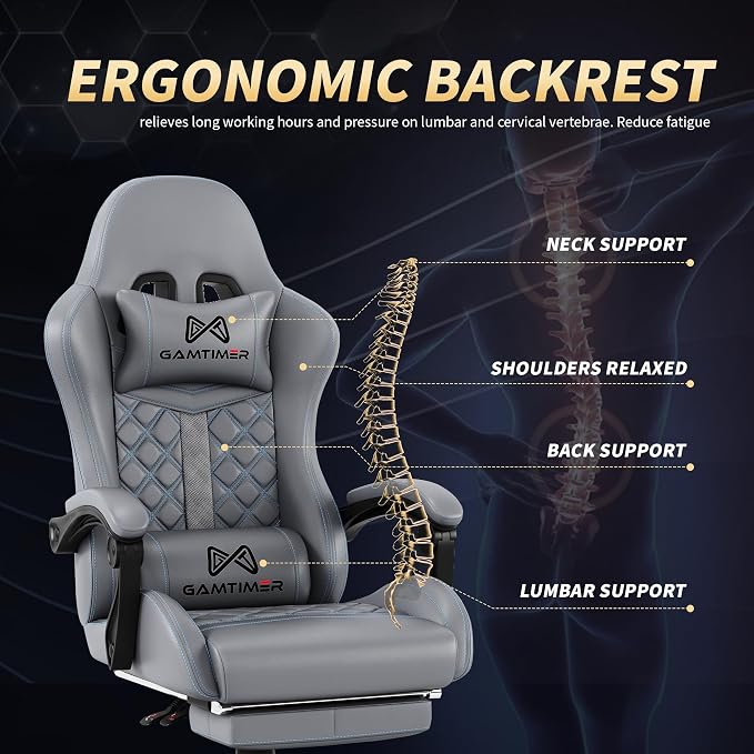 Gamtimer Gaming Chair, 400 LB Weight Capacity,with Pocket Spring Cushion | Ergonomic Backrest Office Chair,Leather, with Headrest and Lumbar Support, Footrest, Suitable for Adults(Grey) - Image 7