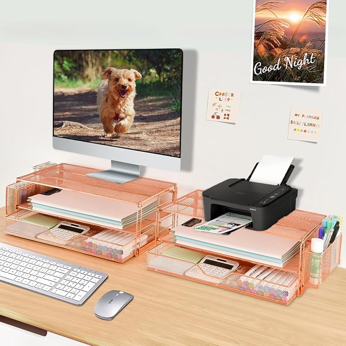 AUPSEN Computer Monitor Stands Riser，2-Tier Desk Organizers and Accessories, Office Desk Accessories Organizer with Drawers and 2 Pen Holder for Office Supplies (Rose Gold) - Image 7