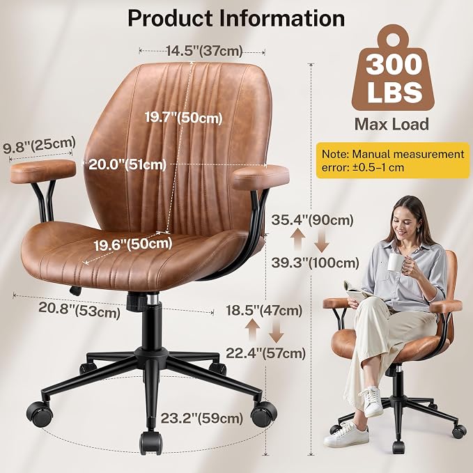 HeroSet Leather Office Chair with Removable Armrests, Mid Back Ergonomic Desk Chair with Lumbar Support, Adjustable Height Rocking Swivel Executive Chair for Home Office, Brown - Image 2