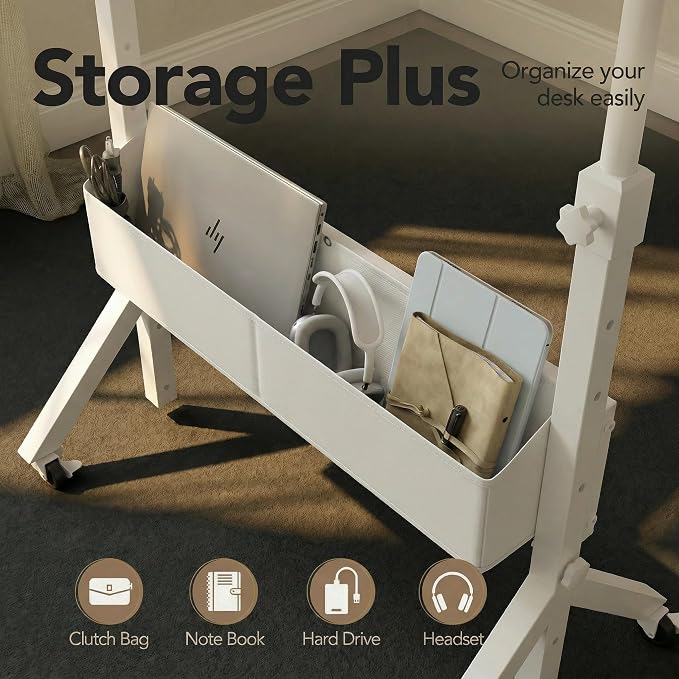 HUANUO Mobile Standing Desk with Wheels and Storage Basket, Height Adjustable 28.7"-46.1" Rolling Desk for Walking Pad, Small Space Laptop Computer Workstation for Home Office,White - Image 6