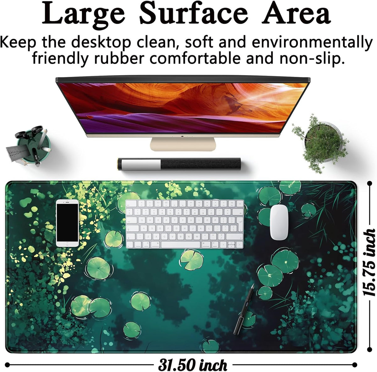 Lily Desk Mat Green Mouse Pad Large Cute Pond Desk Pad Gaming Mousepad XXL 31.5''X15.7'' Plant Aesthetic Extended Big Keyboard Mouse Mat Kawaii Gift for Office Decor - Image 5