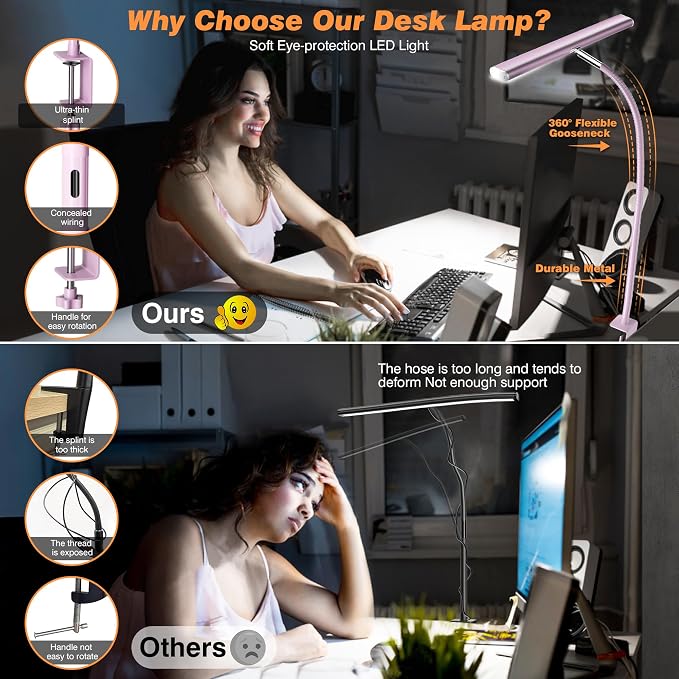 Airlonv LED Desk Lamp with Clamp, 17" Stepless Dimming Light (Pink) | 2700K-6500K, 100 LEDs, 360° Gooseneck, Fits Up to 30" Monitors, Flicker-Free Lighting for Home Office, Study& Workbench - Image 4
