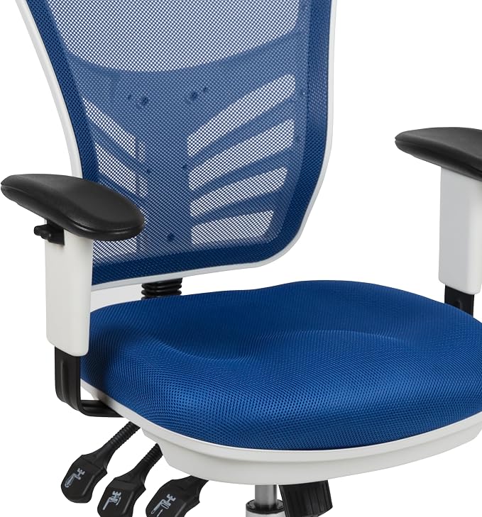 Flash Furniture Nicholas Mid-Back Blue Mesh Multifunction Executive Swivel Ergonomic Office Chair with Adjustable Arms and White Frame - Image 7