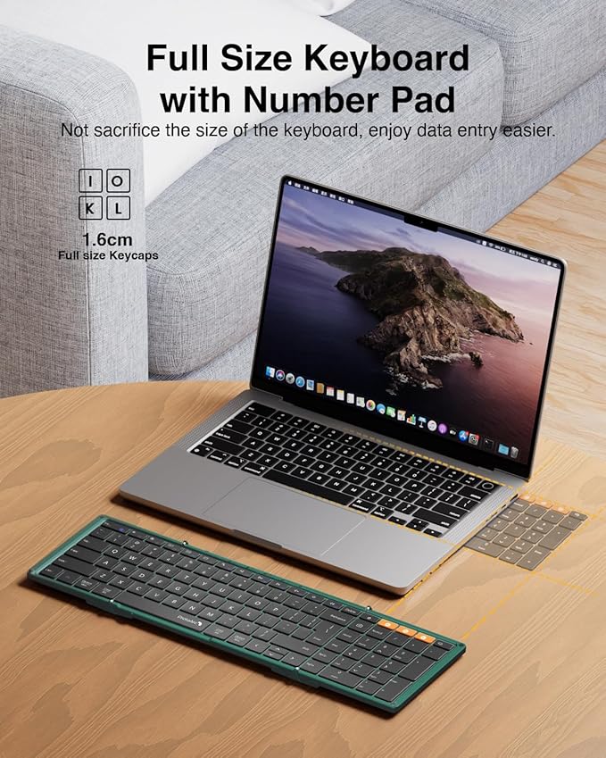ProtoArc XK01 Full-Size Foldable Bluetooth Keyboard for Travel, Green | 105 keys, number pad, 0.65in keycaps, 3-device Bluetooth 5.1 switching, USB-C charging, for laptop tablet phone - Image 5