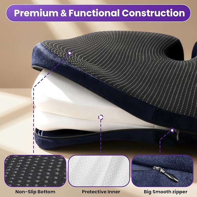 ZZ-WELL Seat Cushions for Office Chairs, Patented Pressure Relief Coccyx Cushion for Tailbone Pain, Memory Foam Butt Pillows for Wheelchair Car Sitting, Carrying Handle, Non-Slip (Navy Blue, Large) - Image 8