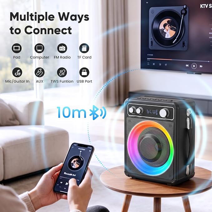 VOSOCO Karaoke Machine, Bluetooth Speaker with 3 Rechargeable Microphones | 2026 Portable PA System for adults with LED Light, Supports TWS Echo TF USB AUX Inputs for Birthday Home Party Outdoor Travel - Image 6