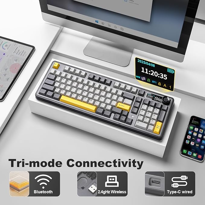 AJAZZ AK980 Wireless Keyboard with Smart Display & Knob,98% Mechanical Keyboard Tri-Mode BT/2.4G/USB-C, Hot Swappable, PBT Keycaps, with RGB Light for Win & Mac(Black,Murad Switch) - Image 3