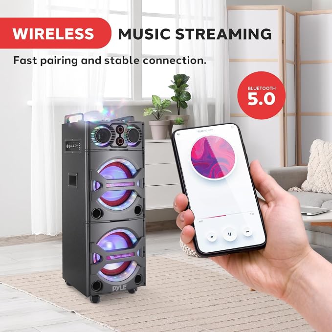 Portable Bluetooth PA Speaker System - 2000W Active Powered Outdoor Bluetooth Speaker Portable PA System w/Microphone in, Party Lights, USB SD Card Reader, AUX/RCA/FM Radio, Wheels - Pyle PSUFM1043BT - Image 6