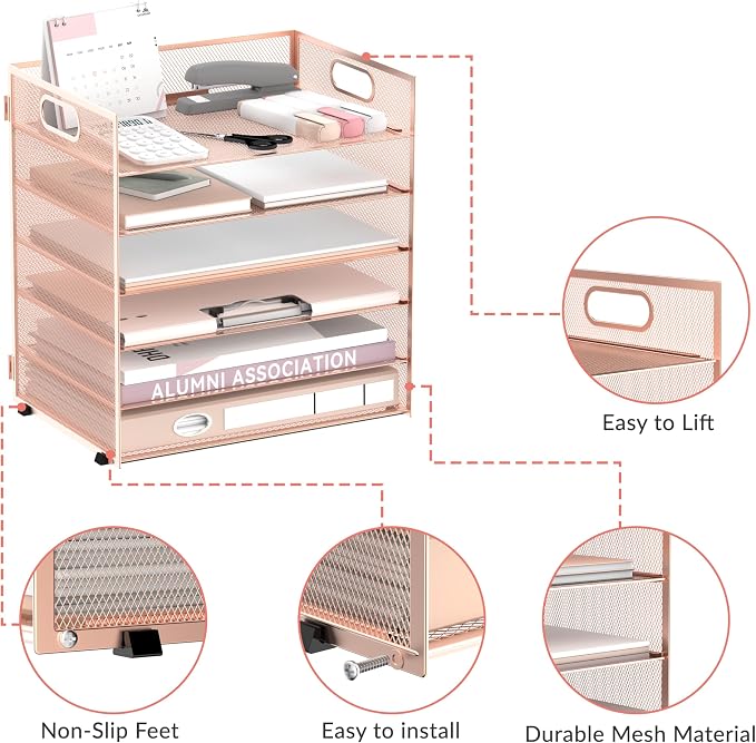 Daltack 6-Tier Paper Organizer for Desk with Handle, Rose Gold | Sturdy Metal Mesh Organizer with Movable Middle Trays and a Carry Handle for Papers, Folders and Office Supplies - Image 4