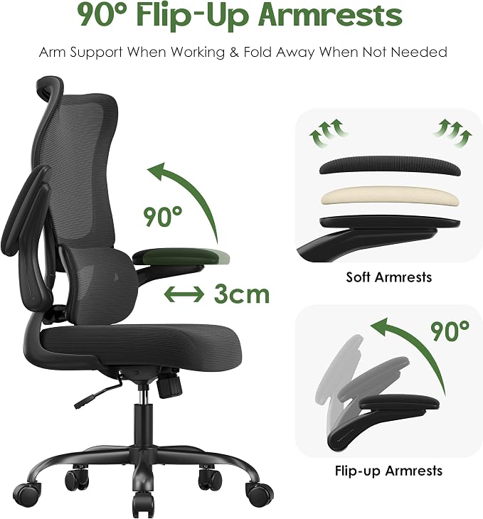 Office Chair Ergonomic Desk Chair - Comfy Mesh High Back Office Chair with Lumbar Support Wheel Home Desk Office Chairs Flip up Armrest Executive Rolling Swivel Task Computer Chair Black Silver - Image 7
