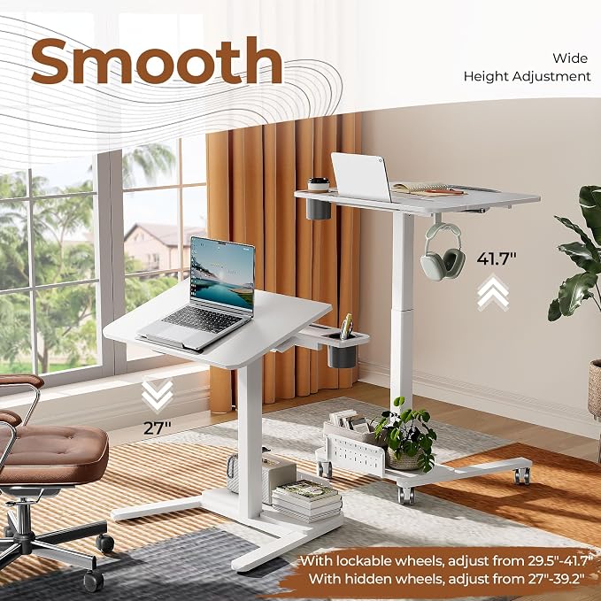 Mobile Standing Desk with Storage Shelf & 60° Tiltable Top | 28" Height Adjustable Rolling Laptop Desk on Wheels, Portable Computer Workstation for Working, Drawing, Crafting, White - Image 4
