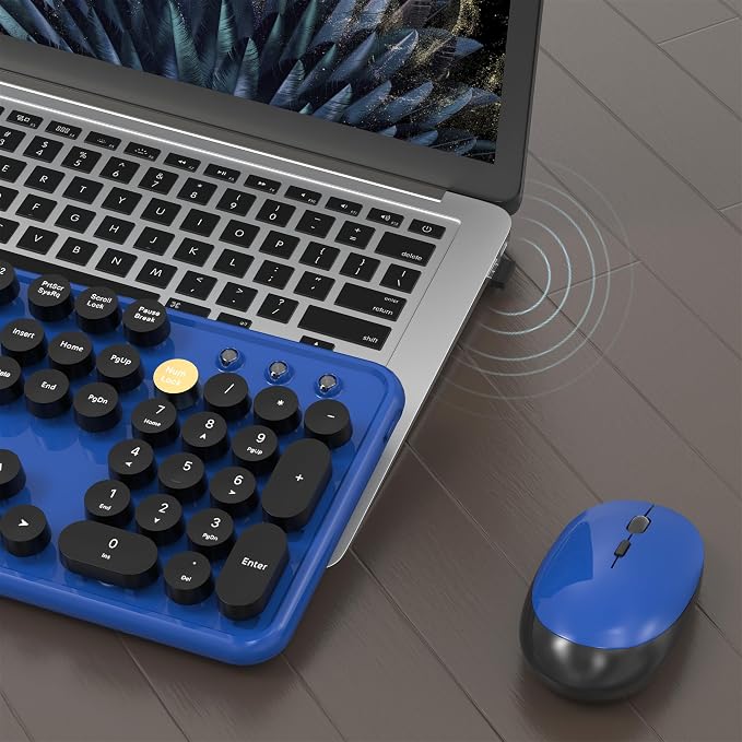 Colorful MPTOG Wireless Computer Keyboard and Mouse Combo (Black-Blue) | Retro Round Typewriter Keycaps, Power Switch, Ergonomic Design, 2.4GHz Wireless for Windows, Mac, PC - Image 4