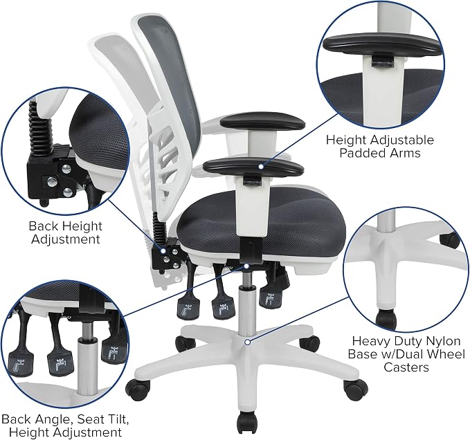 Flash Furniture Mid-Back Dark Gray Mesh Multifunction Executive Swivel Ergonomic Office Chair with Adjustable Arms and White Frame - Image 4