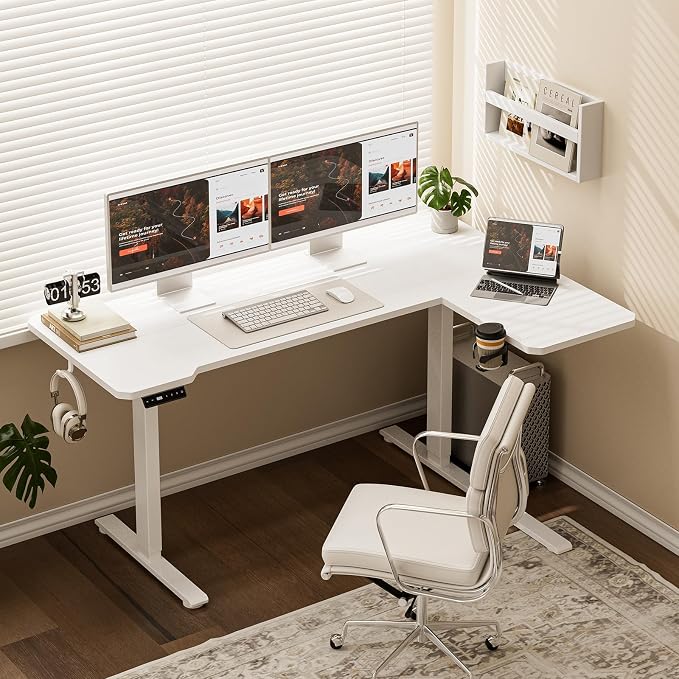 L Shaped Electric Standing Desk - 51x31.5 Inch Reversible Corner Sit Stand Desk with Hook&Cup Holder,Electric Height Adjustable Table,for Small Home Office&Bedroom Computer Desk, White - Image 2