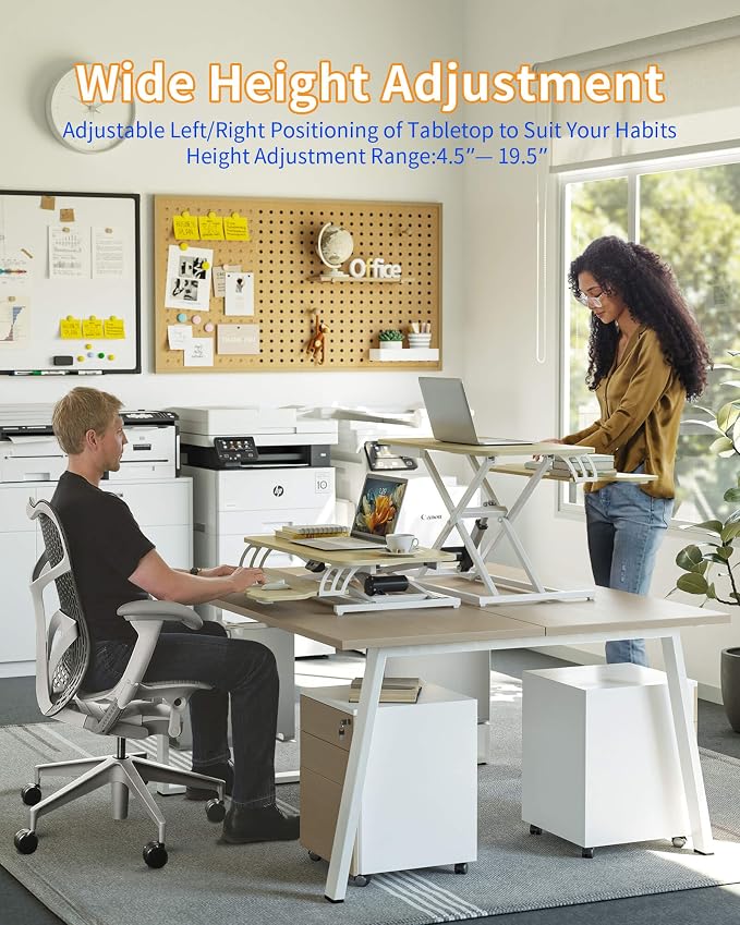 YIHAYO Electric Standing Desk Converter 32 inch, Sit to Stand Up Height Adjustable Desk Riser, Quick Sit to Stand Tabletop Dual Monitor Riser Workstation for Home Office with Keyboard Tray, Natural - Image 2